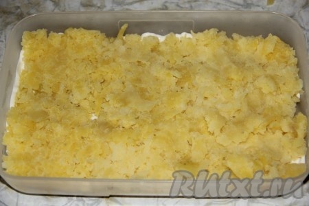 Картофель и морковь отварить в кожуре до готовности (на варку картошки потребуется минут 25 с момента закипания воды, морковь будет готова минут через 30-35 после начала кипения воды, готовые овощи должны легко прокалываться ножом), затем полностью остудить. Яйца отварить в течение 10 минут после закипания воды, остудить их полностью. Непосредственно перед приготовлением салата очистить сваренные овощи и яйца. Дно формы, в которой вы будете формировать салат "Мимоза", смазать майонезом, затем выложить картофель, натёртый на крупной тёрке, разровнять, посолить по вкусу, смазать майонезом.