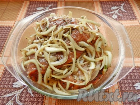 Тщательно натереть мясо маринадом и луком со всех сторон, накрыть посуду крышкой (или плёнкой) и оставить, как минимум, на 2 часа в прохладном месте.