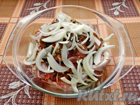 Свиную шею вымыть, обсушить, натереть солью со всех сторон, затем выложить в стеклянную или эмалированную посуду, добавить нарезанный лук и залить маринадом.