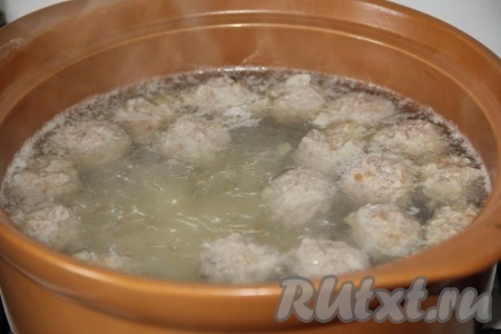 Для приготовления фрикаделек фарш смешать с яйцом, специями, хорошенько вымесить и оставить на 20 минут в покое. За это время довести бульон до кипения, добавить к нему нарезанный кубиками картофель и проварить 5-10 минут. Сформировать фрикадельки и по истечении времени добавить их в суп вместе с солью и специями.
