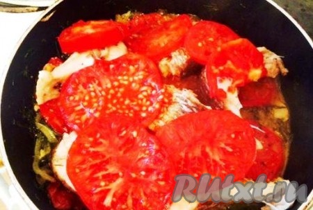 Открываем нашу рыбешку, аккуратно переворачиваем и накрываем ее сверху вторым слоем помидоров,&nbsp; продолжаем тушить 15 минут. Рецепт шкары прост, а рыбка получается очень вкусной.
