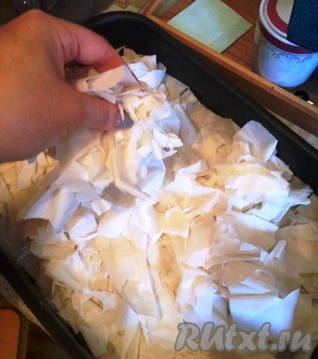 Форму для выпечки слегка смазываем маслом. Крошим листы теста фило прямо в форму.
