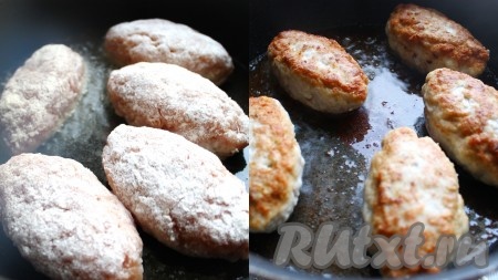 Зразы со всех сторон обвалять в муке и обжарить на растительном масле до румяного цвета с двух сторон.