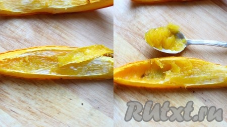 Затем тыкву достать, дать ей немного остыть, сверху снять подсушенную плёнку. Ложкой снять тыквенную мякоть. Для приготовления ньокков нам потребуется примерно 70 грамм запечённой мякоти тыквы.