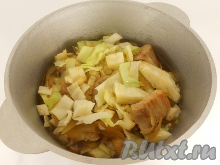 Затем к свинине добавить капусту, нарезанную на квадратики, перемешать, тушить на маленьком огне минут 10 (пока капуста не осядет).