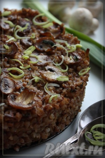Готовую гречневую запеканку с грибами посыпать луком пореем. Приятного аппетита!
