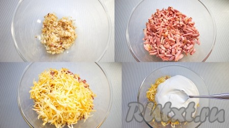 Тем временем приготовить "шубу": лук обжарить на сливочном масле до золотистого цвета, выложить в миску. На этой же сковороде обжарить деликатесные изделия, порезанные соломкой, выложить к луку. Сыр натереть на крупной терке, соединить с охлажденной зажаркой. Добавить сливки, перемешать.