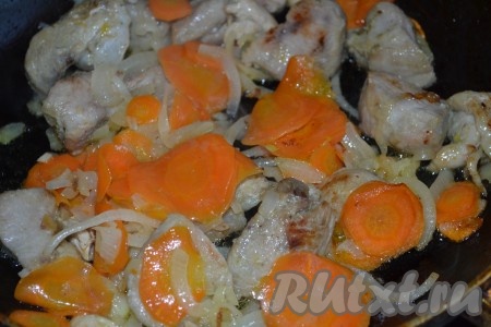 Добавьте соль, перец, лук, порезанный полукольцами, и морковь, порезанную кружочками, перемешайте и тушите 5-7 минут.