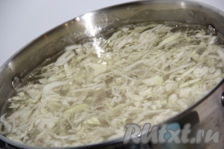 Мясо промыть водой, выложить в кастрюлю и залить 3 литрами воды. Поставить кастрюлю на огонь, довести до кипения, снять пенку, уменьшить огонь. Варить бульон до готовности мяса (куриное мясо будет готово минут через 35-40, свинина - через 1-1,5 часа, говядина - часа через 2). Когда мясо сварится, вынуть его, отделить от костей и нарезать на кусочки. Капусту тонко нарезать. Выложить капусту и мясо, отделённое от костей в кастрюлю с бульоном. Если готовите щи с капустой поздних сортов, тогда после закипания варите 10 минут.