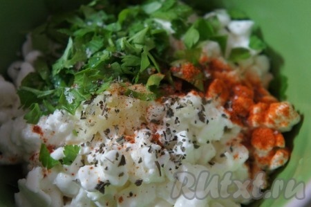 Зелень вымыть, немного обсушить, мелко нарезать. Нарезанную зелень, соль, специи (я взяла паприку, перец чили и сухой базилик) и сметану добавить в миску с творогом и чесноком.