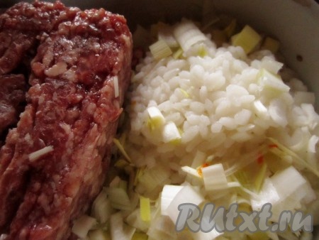 Смешайте в миске фарш, рис и лук. Добавьте пару щепоток соли.
