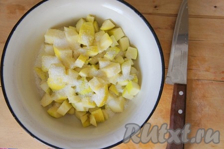 Яблоки тщательно вымыть, удалить сердцевину и семечки, нарезать произвольным образом. Добавить сахарный песок, перемешать. Дать постоять 5 минут.
