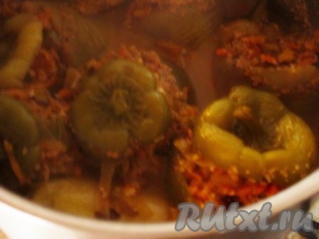 Налейте в кастрюлю воду, чтобы она закрывала перцы на 2/3. Добавьте в воду немного соли. Тушите перцы на небольшом огне под крышкой 20 минут. В конце можно добавить несколько ложек сметаны.
