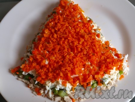 Далее выкладываем морковь, порезанную кубиками, и наносим майонез.
