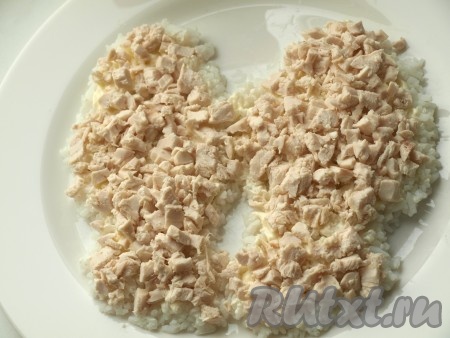 Куриное филе нарезать кубиками. Выложить его поверх риса и снова смазать майонезом.
