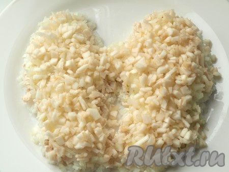 Лук смазать майонезом. Нарезать кубиками очищенное яблоко, выложить сверху лука и опять смазать майонезом. Майонез выкладывать понемногу.
