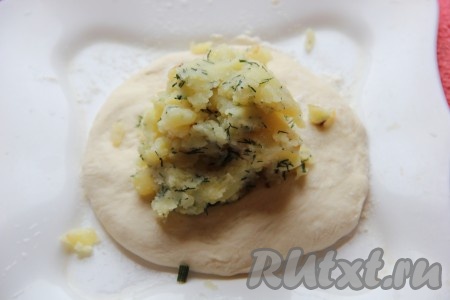 Кусочек теста растянуть в лепешку, в центр выложить начинку.
