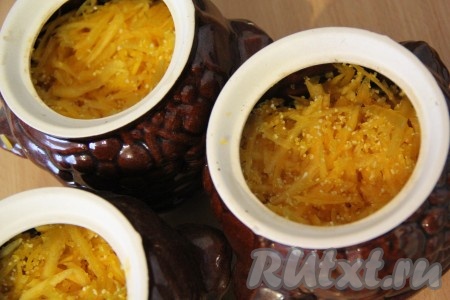  Выложить в горшочки слоями: тыква, крупа, тыква, крупа. Можно в одной миске соединить тыкву и крупу, хорошо перемешать, а затем разложить по горшочкам.