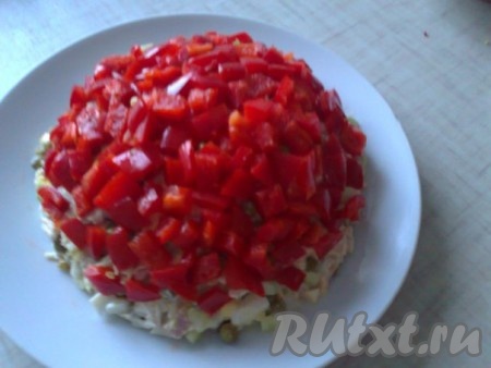 
&nbsp;Равномерно выложить наверх нарезанные кубики болгарского перца.