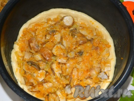 Половину теста раскатываем и выкладываем на дно чаши, формируя бортики. Раскладываем начинку.
