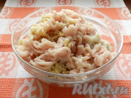 Пропустить через мясорубку мясо с луком и картофелем, перемешать фарш, приправить солью и перцем по вкусу.