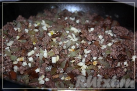 Теперь переходим к приготовлению начинки. Обсушить слегка порезанные грибы на сухой сковороде, добавить фарш и порезанный лук, обжарить до готовности. В конце добавить порубленный чеснок, соевый соус, специи (у меня была морская соль с сушеными травами).