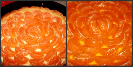 Мандарины очищаем от прожилок, если есть - от косточек. Желе разводим, согласно инструкции. &nbsp;На готовый тарт выкладываем дольки и заливаем желе.
