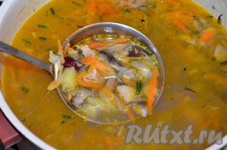 Посыпаем зеленью по желанию. Вкусный суп с фасолью и грибами готов. Надеюсь, вашей семье понравится этот рецепт.