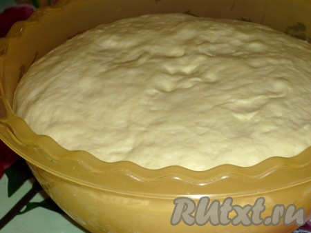 Тёплое молоко (температура молока должна быть не выше 40 градусов) влить в достаточно глубокую миску, всыпать дрожжи, перемешать, добавить 1 столовую ложку сахара и 2 столовых ложек просеянной муки, перемешать и оставить опару на 10 минут. По истечении 10 минут поверхность опары запенится - это говорит о том, что дрожжи начали работать. В миску с запенившейся опарой всыпать оставшийся сахар, яйцо, растопленное, но не горячее, сливочное масло, щепотку соли, начать частями добавлять муку, постепенно замешивая мягкое, приятное в работе тесто. Добавляя муку, учитывайте консистенцию замешиваемого теста, как только тесто перестанет липнуть к рукам, значит больше муку добавлять не нужно. Поместить тесто в миску, накрыть полотенцем и оставить на 1 час в тёплом месте. За это время тесто значительно (раза в 2-3) увеличится в объёме.