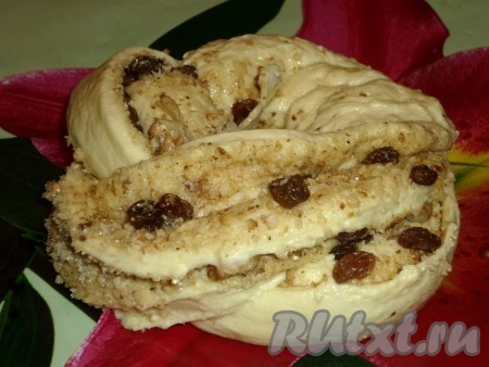 Сформировать из "косы" веночек.&nbsp; Аналогично сформировать булочку с орехами и изюмом из второй части дрожжевого теста.