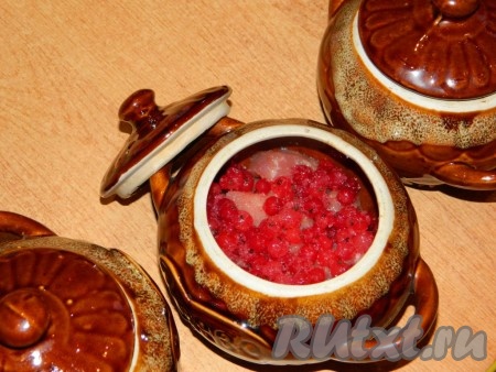 Сверху разложить красную смородину. Положить в каждый горшочек по одному зубчику чеснока. Готовить при температуре 200 градусов примерно 1 час.
