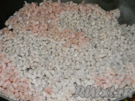 Мясо пропустить через мясорубку и обжарить фарш на растительном масле до изменения цвета.
