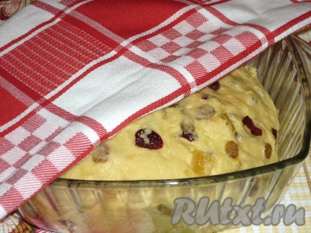 Смазать миску растительным маслом, положить туда тесто и отправить в тёплое место на 1,5 часа, прикрыв миску полотенцем.&nbsp;
