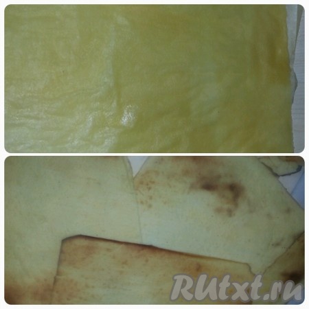 Получившееся тесто делим на 12 равных частей, скатываем каждый кусочек в колобок, а затем очень тонко раскатываем на пергаментной бумаге и выпекаем в разогретой духовке. 