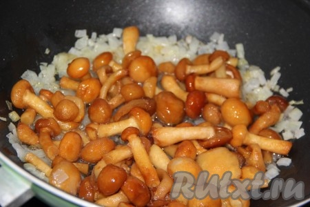 Затем выложить опята в сковороду, посолить и обжарить в течение 15 минут вместе с луком, периодически помешивая.