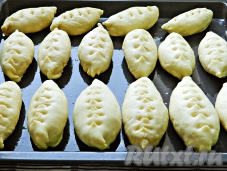 Выложить пирожки с яблоками на смазанный растительным маслом противень. Смазать пирожки молоком и дать подойти в течение 30 минут. Затем поставить противень с пирожками в разогретую до 200 градусов духовку, выпекать 20-25 минут (до приятного золотистого цвета сдобного дрожжевого теста).
