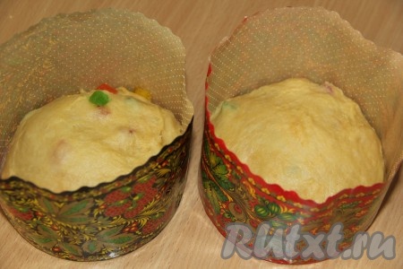 Разделить тесто на две равные части. Я для приготовления куличей использовала бумажные вкладыши объёмом 500 мл. Выложить тесто в формы, накрыть полотенцем и поставить в тепло на 1,5 часа.