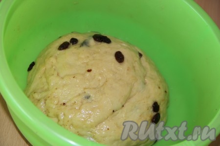  Хорошо вымесить тесто, чтобы изюм равномерно распределился в тесте. Миску с тестом накрыть полотенцем или пищевой плёнкой и оставить в тёплом месте на 1,5-2 часа.