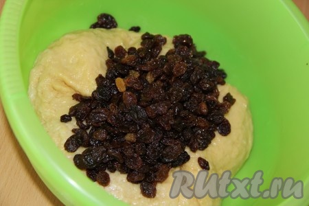 Всыпать постепенно, небольшими порциями, просеянную муку. Замесить мягкое, эластичное тесто. В конце замеса добавить в тесто изюм.&nbsp;
