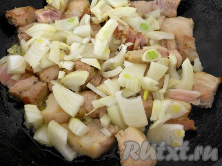Выложить свинину на разогретую сковороду с растительным маслом, поперчить, обжарить со всех сторон до румяной корочки. Добавить порезанный репчатый лук и обжарить вместе с мясом еще минуты 3-4. Посолить, перемешать.
