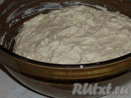 Добавляем 500 грамм просеянной муки, перемешиваем и оставляем в тепле минут на 30.
