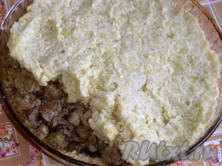 Выложить на тесто грибы с луком, если есть, отваренные соевые кубики. По всей поверхности пирога налить 4-6 столовых ложек отвара сельдерея. Накрыть оставшимся тестом, в нескольких местах сделать проколы вилкой и залить отвар сельдерея на 0,5 см над поверхностью постного пирога.
