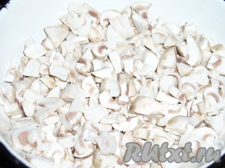Для приготовления начинки вымытые грибы и лук порезать небольшими кусочками.
