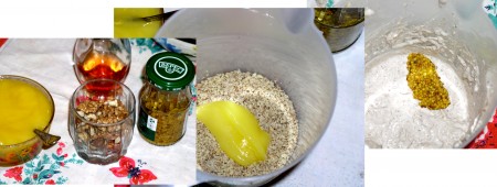 Приготовить соус. Мелкорубленые орехи сложить в чашу блендера, мед растворить с соком лимона, водой и добавить к орехам. Взбить при помощи погружного блендера до соусоподобного состояния, посолить по вкусу и добавить горчицу. Перемешать. Соус готов! По желанию можно добавить сюда и зелень, и чеснок, и специи, взбивать тогда нужно вместе с орехами. Из пряностей мне очень понравилось с щепоткой корицы. Хорошо с тмином или с фенхелем, с черным перцем или с красным. Смешивать пряности для этого простого салата не рекомендую, вкус овощей нужно оттенить, а не завуалировать.