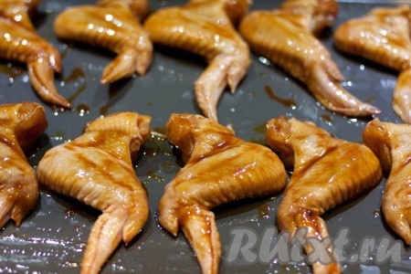 Выложите маринованные крылья на противень, смазанный растительным маслом.
