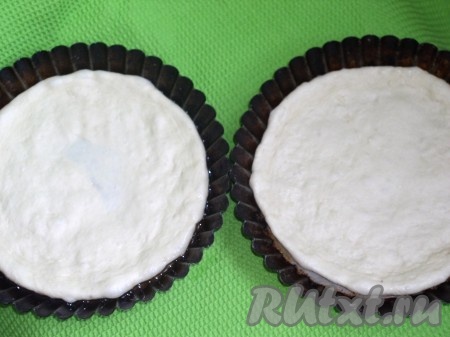 Формовка изделий. Форму смазать маслом и поместить лепешки. Можно разместить на противне сразу несколько штук. Толщина теста от 1 см. Диаметр разный - от блюдца до сковородки. Это своего рода "русская пицца".