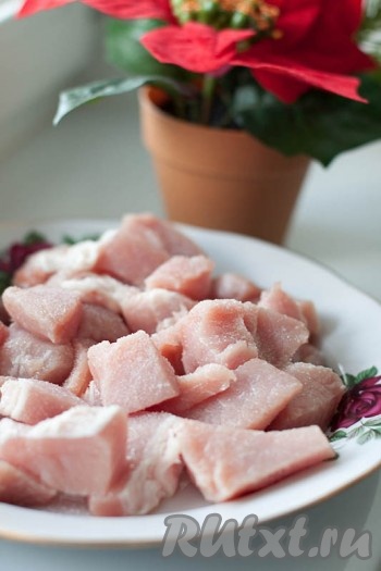 Мясо нарезать не слишком крупно, посолить. 