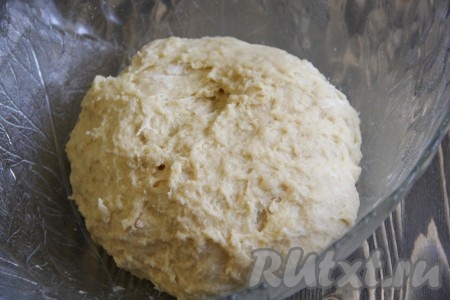 Тесто получится мягкое, не крутое, немного липнущее. Переложить тесто в высокую миску, накрыть полотенцем и оставить в тёплом месте на 1 час.