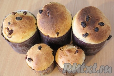 Поставить формы с тестом в разогретую духовку. Выпекать куличи при 180 градусах примерно 40 минут. Готовность можно проверить сухой лучинкой. Готовые куличи хорошо остудить.