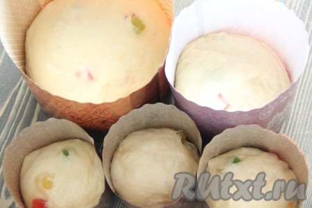 Разложить тесто по формам для выпекания, заполняя их на 1/3 объёма. Я использовала бумажные формы. 